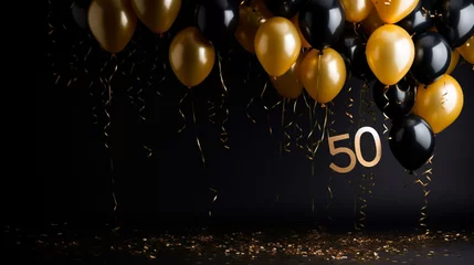 Foto op Canvas Background for a 50 years birthday, golden wedding anniversary, golden numbers on a black background. Golden and black balloons. Golden numbers. Party invitation, menu.  © Dirk