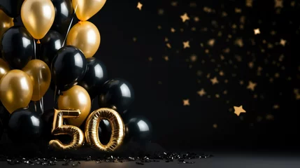 Deurstickers Background for a 50 years birthday, golden wedding anniversary, golden numbers on a black background. Golden and black balloons. Golden numbers. Party invitation, menu.  © Dirk