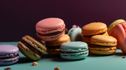 Macarons arranged in a tempting still life, a burst of sweet and colorful delight, vibrant and delectable desserts on solid colored background