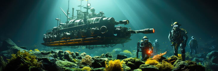 Journey Beneath the Waves: The Intriguing World of Underwater Explorers and the Secrets they Unearth - Generative AI - obrazy, fototapety, plakaty