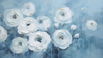 White ranunculus flowers on a blue background. Digital painting.