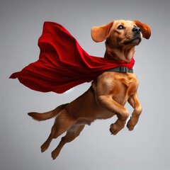 Portrait of superhero dog wearing red cape, jumping like a super hero, isolated on studio background - obrazy, fototapety, plakaty