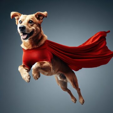Portrait of superhero dog wearing red cape, jumping like a super hero, isolated on studio background