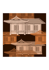 Editable Traditional Hanok Korean House Building Vector Illustration as Seamless Pattern With Dark Background for Decorative Element of Oriental History and Culture Related Design