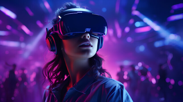 Teenage girl Generation Alpha with wearing VR headset purple neon lighting, science technology futuristic concept.