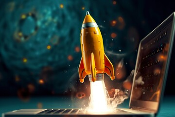 Launching a new product or service. Technology development process. Space rocket launch. 3d render. Yellow rocket lift up from the display laptop. - obrazy, fototapety, plakaty