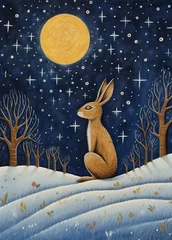 Foto op Aluminium hare on a hill, hill with a full moon,  pagan naive art © NupRas Design