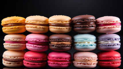 Macarons arranged in a tempting still life, a burst of sweet and colorful delight, vibrant and delectable desserts on solid colored background