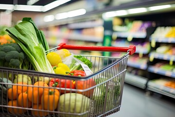 Close up of full shopping cart in grocery store. - obrazy, fototapety, plakaty