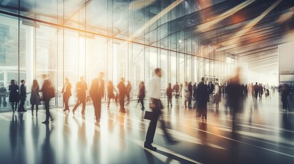 Blurred Business Professionals in Conference: A Symbol of Teamwork, Trust, and Agreement at Modern Trade Fair or Conference Hall