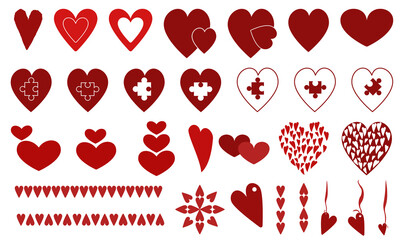 Set of decorative hearts and design elements for Valentine's Day, various shapes and details of love symbols