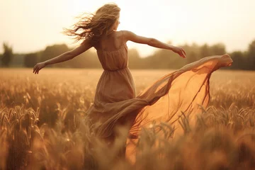Gardinen Young woman feeling relieved in beautiful nature, enjoying the summer, dancing with opened arms on the wind © Jasmina