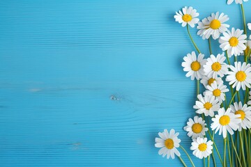 Daisy border on blue wood.