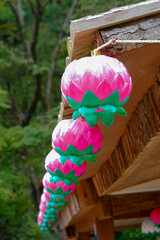 Colourful Korean lanterns arranged in a raw infront of a temple