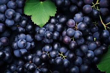 Flat lay background of vines, lots of organic blue dark grapes.