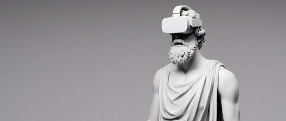 Greek man statue with MR headset isolated on grey background. - obrazy, fototapety, plakaty