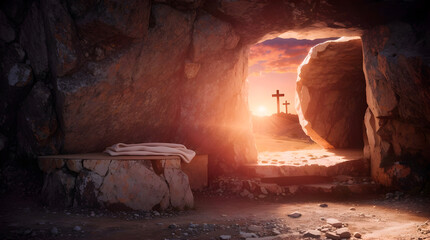 Resurrection Of Jesus Christ, Tomb Empty With Shroud And Crucifixion At Sunrise - obrazy, fototapety, plakaty