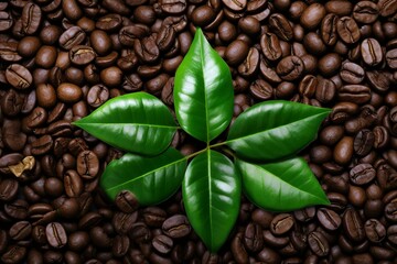Green leaves with coffee beans as background.