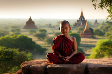Buddhist young monk in meditation on cliff in Bagan, Myanmar - obrazy, fototapety, plakaty