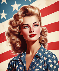 a 1960s bombshell pinup model with blonde hair in an American patriotic illustration - obrazy, fototapety, plakaty