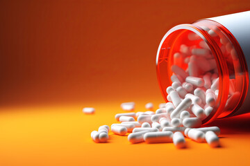 Medicine concept banner with copy space, close up Pharmaceutical pills spilled from a bottle
