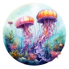 Jellyfish in an underwater landscape in a circle.