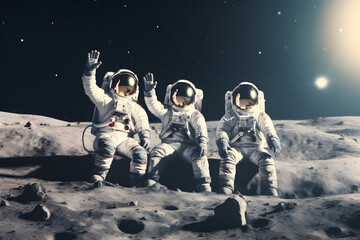 Three spacemen or astronauts on the moon.