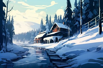 Illustration of a snowy winter landscape. Generative AI