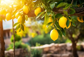 Lemons growing in a sunny garden on Amalfi coast in Italy. - obrazy, fototapety, plakaty