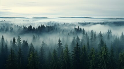 Nordic forest, forest landscape, foggy, evening time, foggy landscape in the jungle Fog and cloudy mountain tropic valley landscape aerial view, wide, misty panorama