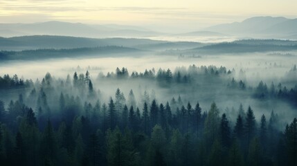 Nordic forest, forest landscape, foggy, evening time, foggy landscape in the jungle Fog and cloudy mountain tropic valley landscape aerial view, wide, misty panorama