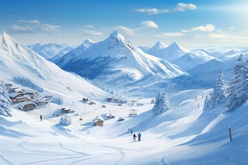 a ski resort with snow in winters with people skiing - obrazy, fototapety, plakaty