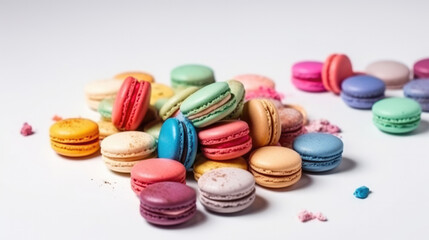 Fototapeta na wymiar Macarons arranged in a tempting still life, a burst of sweet and colorful delight, vibrant and delectable desserts on white background