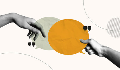 Trendy Halftone Collage with Hands holding two speech bubbles. Social media communication. Contemporary art. Empty space for quote, plan and idea. Creative abstract template. Vector illustration
