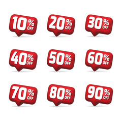 Sale and discount balloon seet. Price discount. 10%, 20%, 30%, 40%, 50%, 60%, 70%, 80%, 90% percent sale