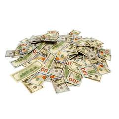 Square photo of a pile of one hundred dollar bills on an isolated, white background.