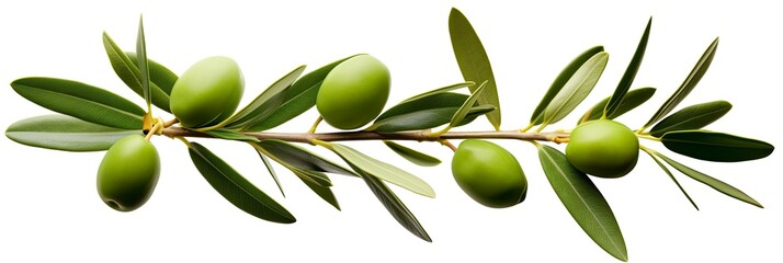 Olive tree branch, green olives and leaves on white background.