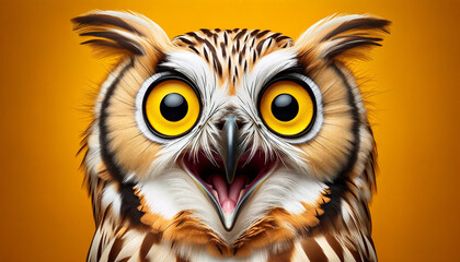 Vibrant Close-up of an Owl with Stunning Yellow Eyes, Feathery Detail, and Excited Expression - Perfect for Wildlife Enthusiasts and Bird Lovers