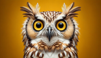 Detailed Portrait of Majestic Owl with Brilliant Yellow Eyes and Feathered Crest - Ideal for Nature, Wildlife, and Bird-themed Projects - obrazy, fototapety, plakaty