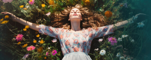 Beautiful young woman lying in the field with daisy flowers	