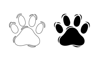 Cat paw foot print on white. Vector. Silhouette, contour. Traces of tiger, lion, leopard, cheetah, jaguar, cougar, puma, lynx, serval, caracal, ocelot markings. Icons, clothing, textiles, pet store.
