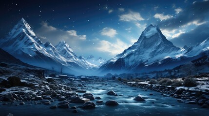 Snow mountain with a starry sky
