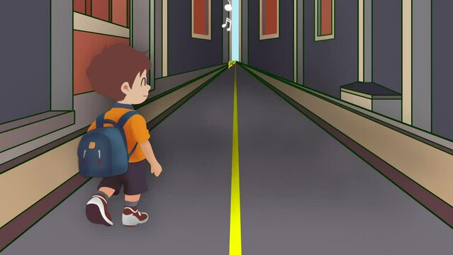 Back to school, Kid with backpack going to school, School bus kids concept. Child students enter school bus in flat design, Transport for students children educational yellow bus on the street