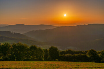 sunrise, mountains, white carpathians, forests, mountains, trees, landscape, view, panorama