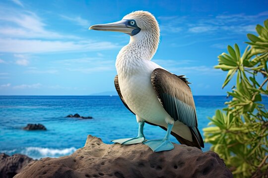 The rare blue-footed booby rests on the beach.