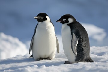 A pair of penguins. On snow. Generative AI