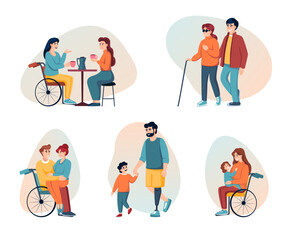 Fototapeta premium disabled people support. communicate with handicapped people in wheelchair, sick persons life, cartoon minimalistic characters supporting. vector cartoon disabled characters collection.