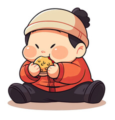 Fat Chinese child eating snack cute cartoon on a transparent background Png