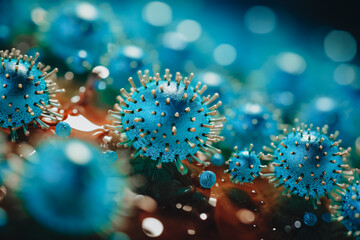 3D coronavirus concept COVID-19. Medicine bright blue orange close up macro details of microbes molecules virus bacteria
