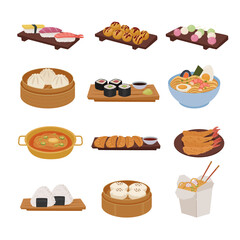 Chinese food menu. minimalistic flat cartoon delicious Chinese Asian food, chow Mein, sweet and sour chicken, spring rolls, dim sum, wonton. vector China kitchen foods collection